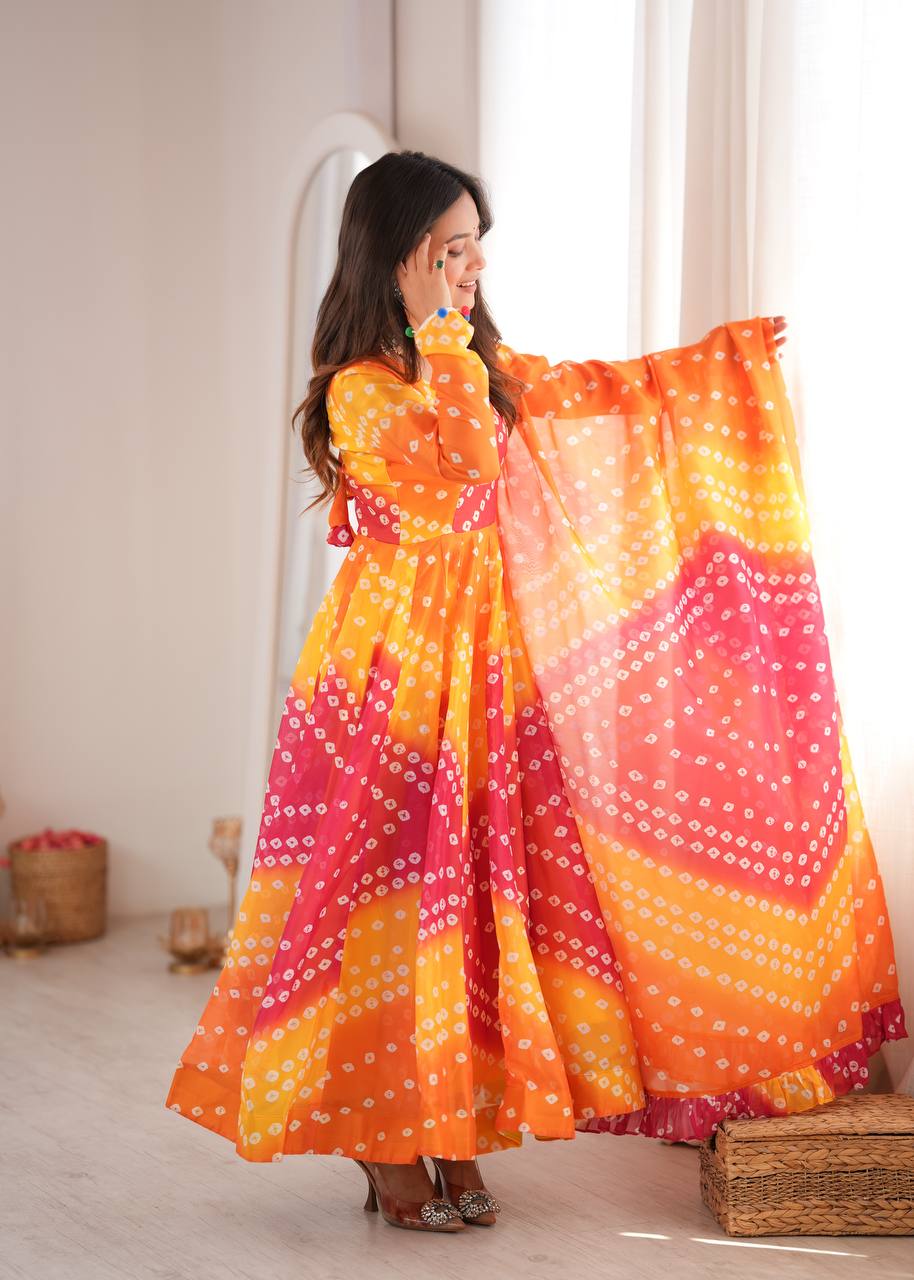 Bandhani Printed Tebby Organza Gown with Pant and Dupatta