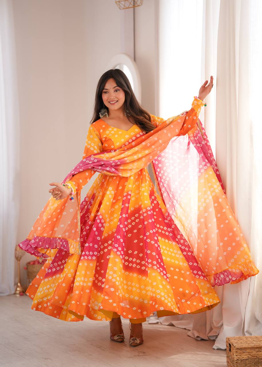 Bandhani Printed Tebby Organza Gown with Pant and Dupatta