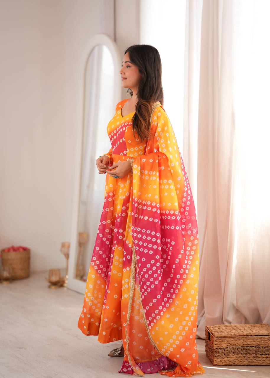 Bandhani Printed Tebby Organza Gown with Pant and Dupatta