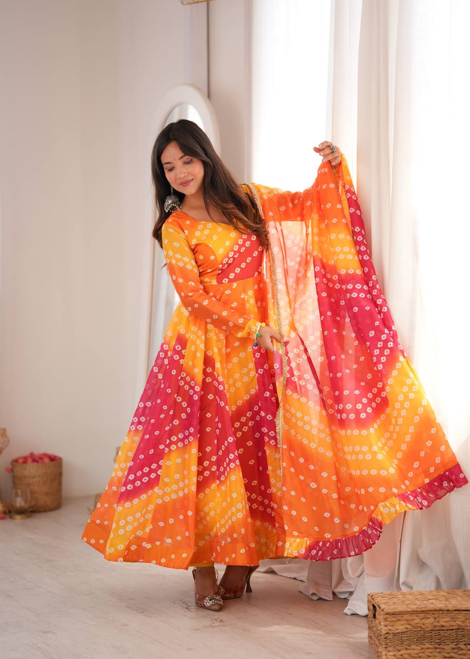 Bandhani Printed Tebby Organza Gown with Pant and Dupatta