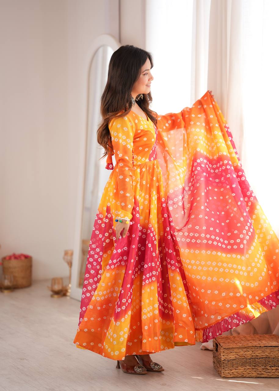 Bandhani Printed Tebby Organza Gown with Pant and Dupatta