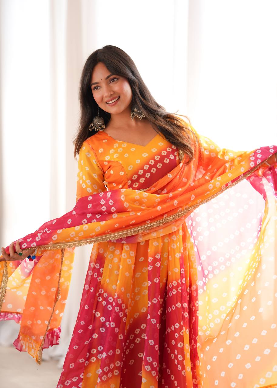 Bandhani Printed Tebby Organza Gown with Pant and Dupatta