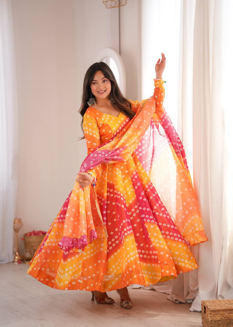 Bandhani Printed Tebby Organza Gown with Pant and Dupatta