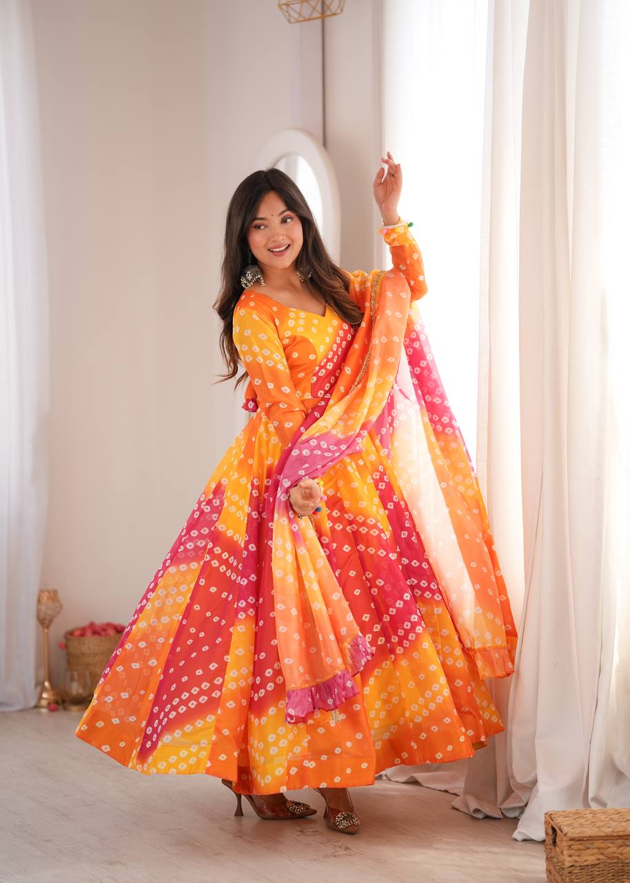 Bandhani Printed Tebby Organza Gown with Pant and Dupatta
