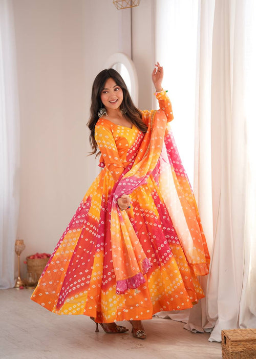 Bandhani Printed Tebby Organza Gown with Pant and Dupatta