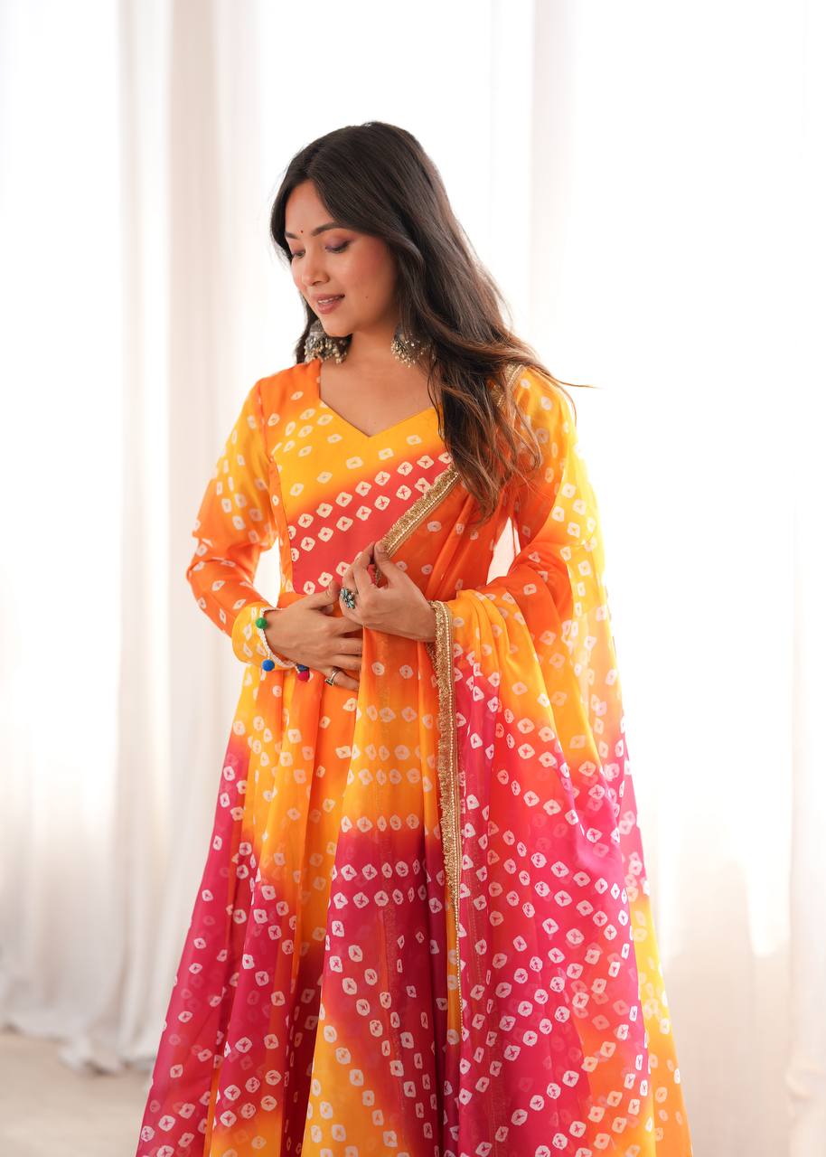 Bandhani Printed Tebby Organza Gown with Pant and Dupatta