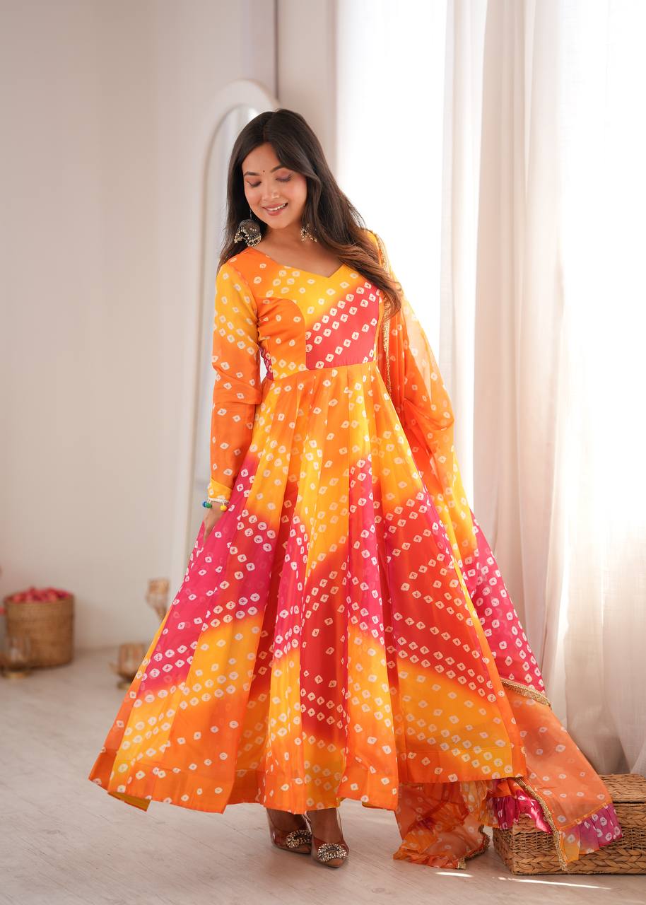 Bandhani Printed Tebby Organza Gown with Pant and Dupatta