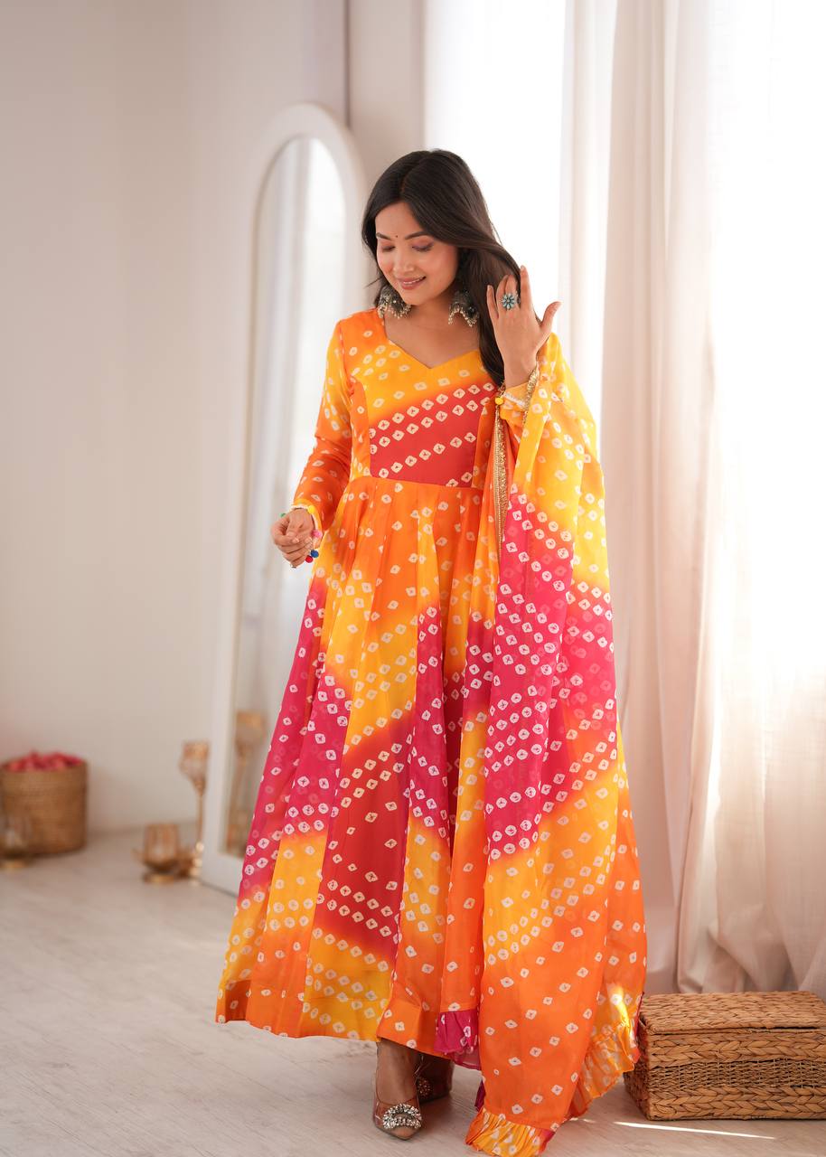 Bandhani Printed Tebby Organza Gown with Pant and Dupatta