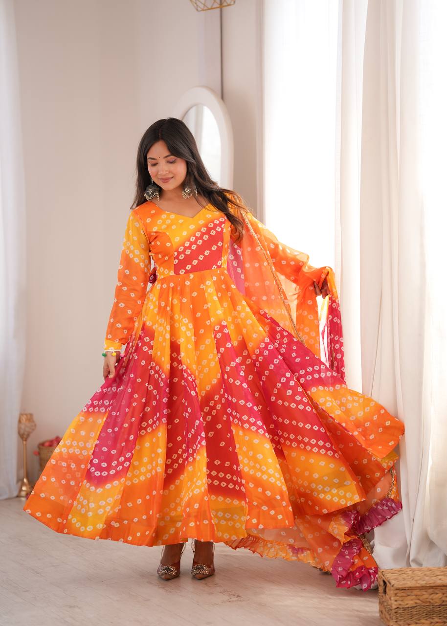 Bandhani Printed Tebby Organza Gown with Pant and Dupatta