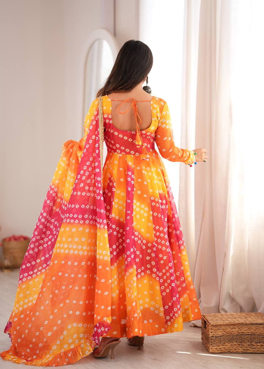 Bandhani Printed Tebby Organza Gown with Pant and Dupatta