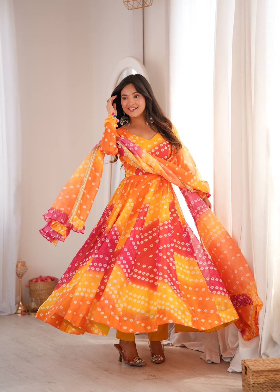 Bandhani Printed Tebby Organza Gown with Pant and Dupatta