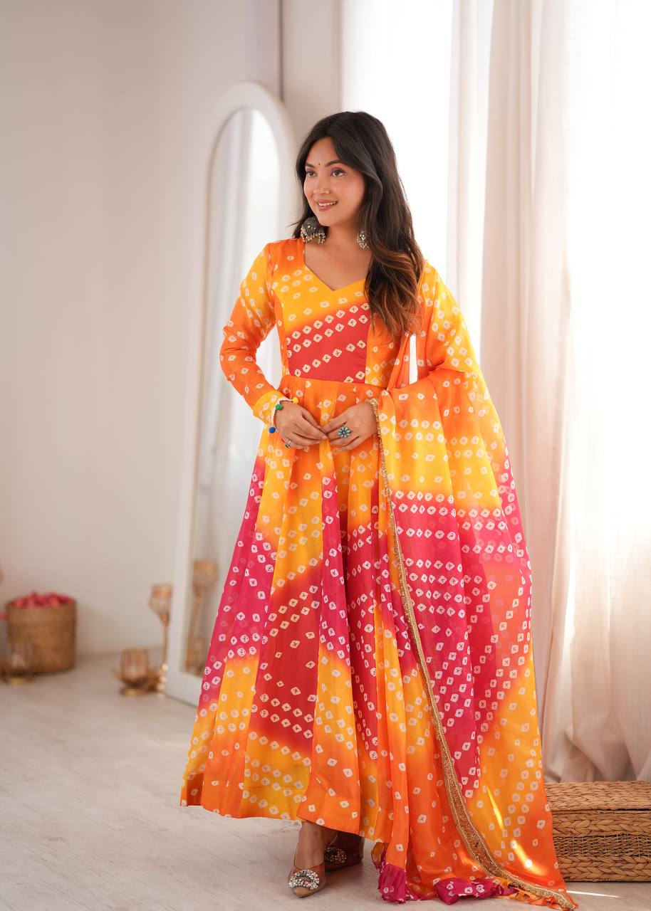 Bandhani Printed Tebby Organza Gown with Pant and Dupatta