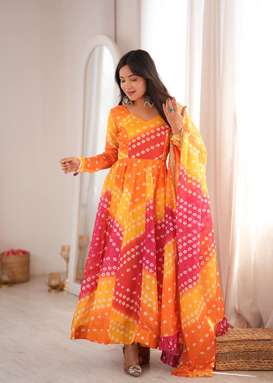 Bandhani Printed Tebby Organza Gown with Pant and Dupatta