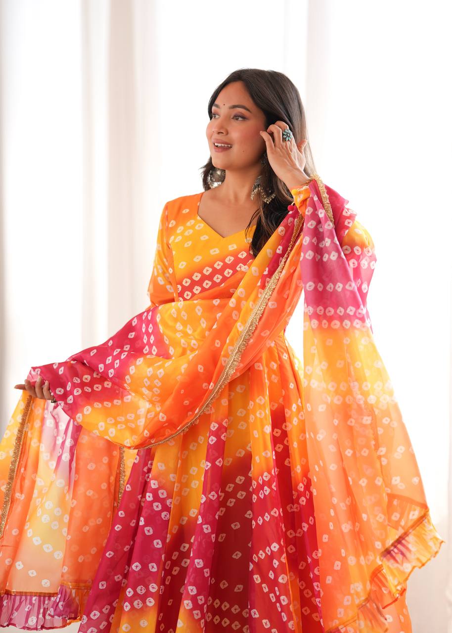 Bandhani Printed Tebby Organza Gown with Pant and Dupatta