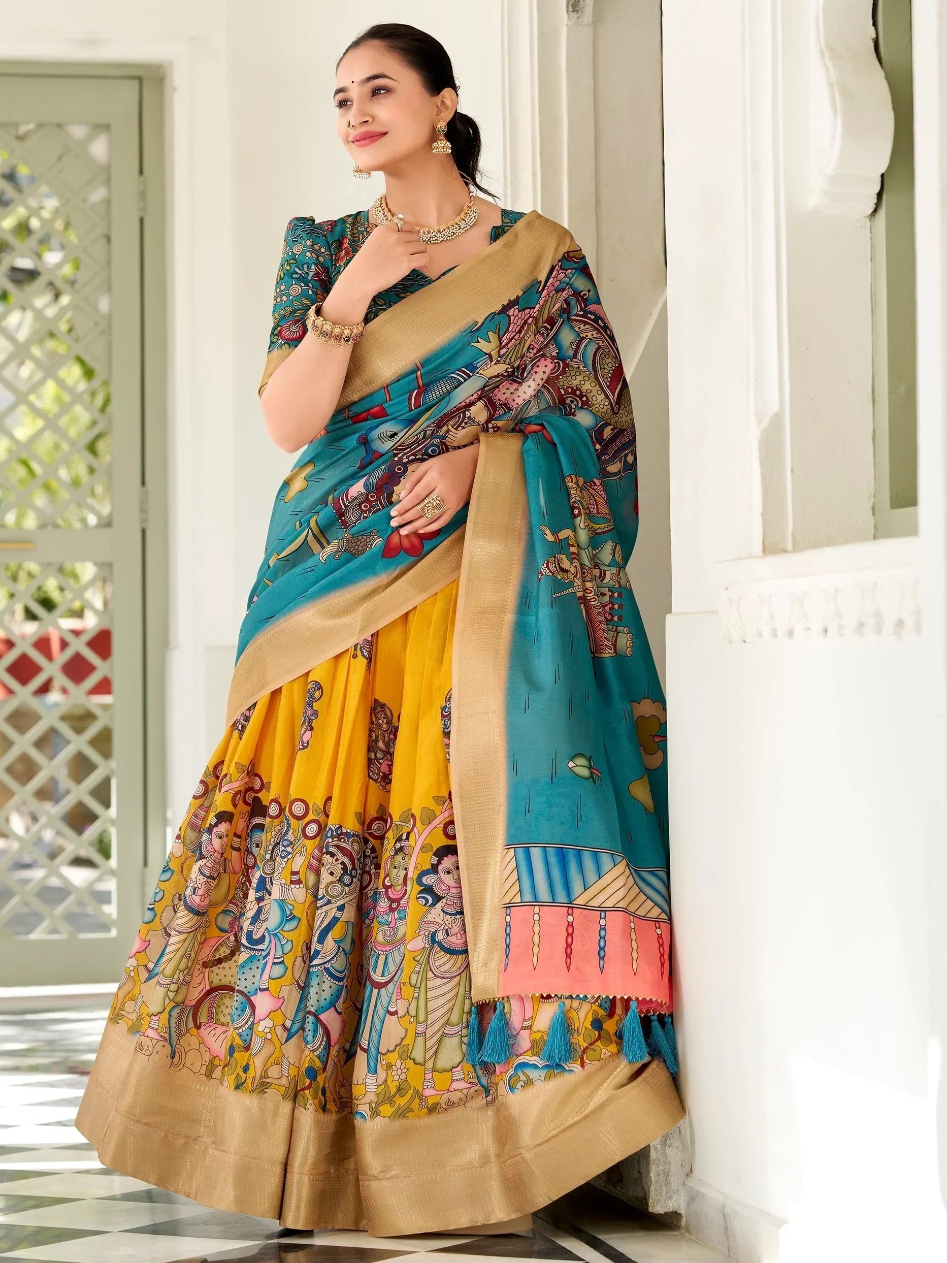 Beauteous Yellow Kalamkari Print Dola Silk Event Wear Lehenga Choli