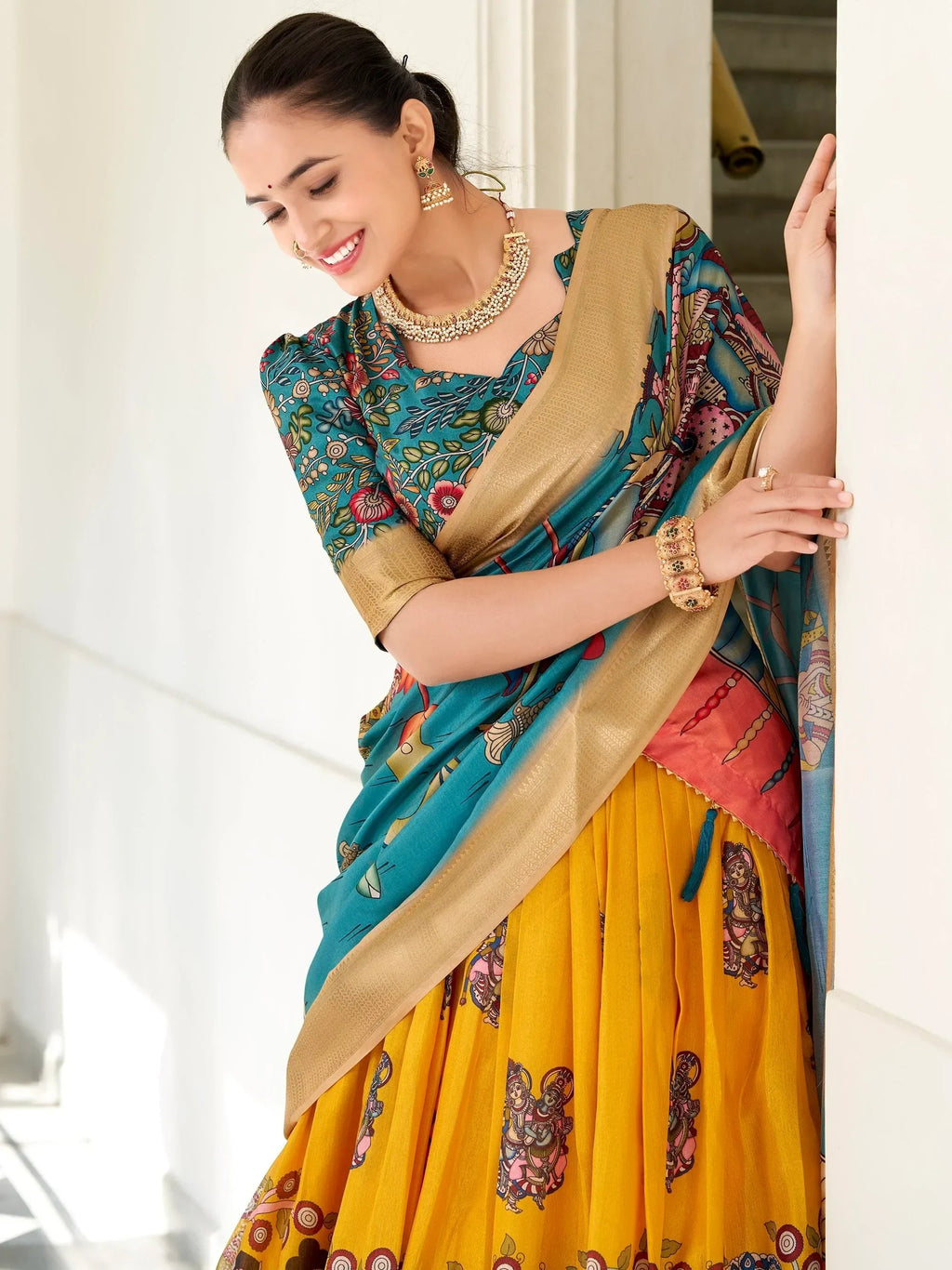 Beauteous Yellow Kalamkari Print Dola Silk Event Wear Lehenga Choli