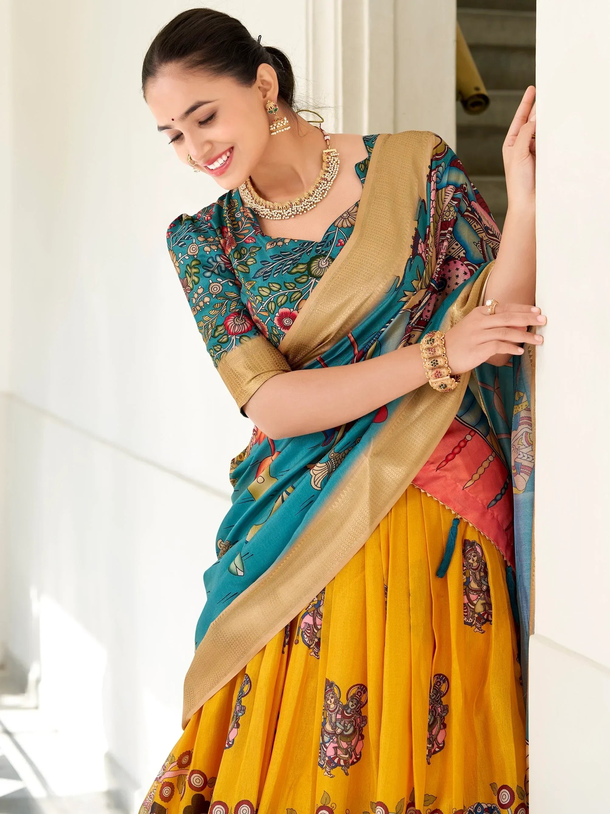 Beauteous Yellow Kalamkari Print Dola Silk Event Wear Lehenga Choli