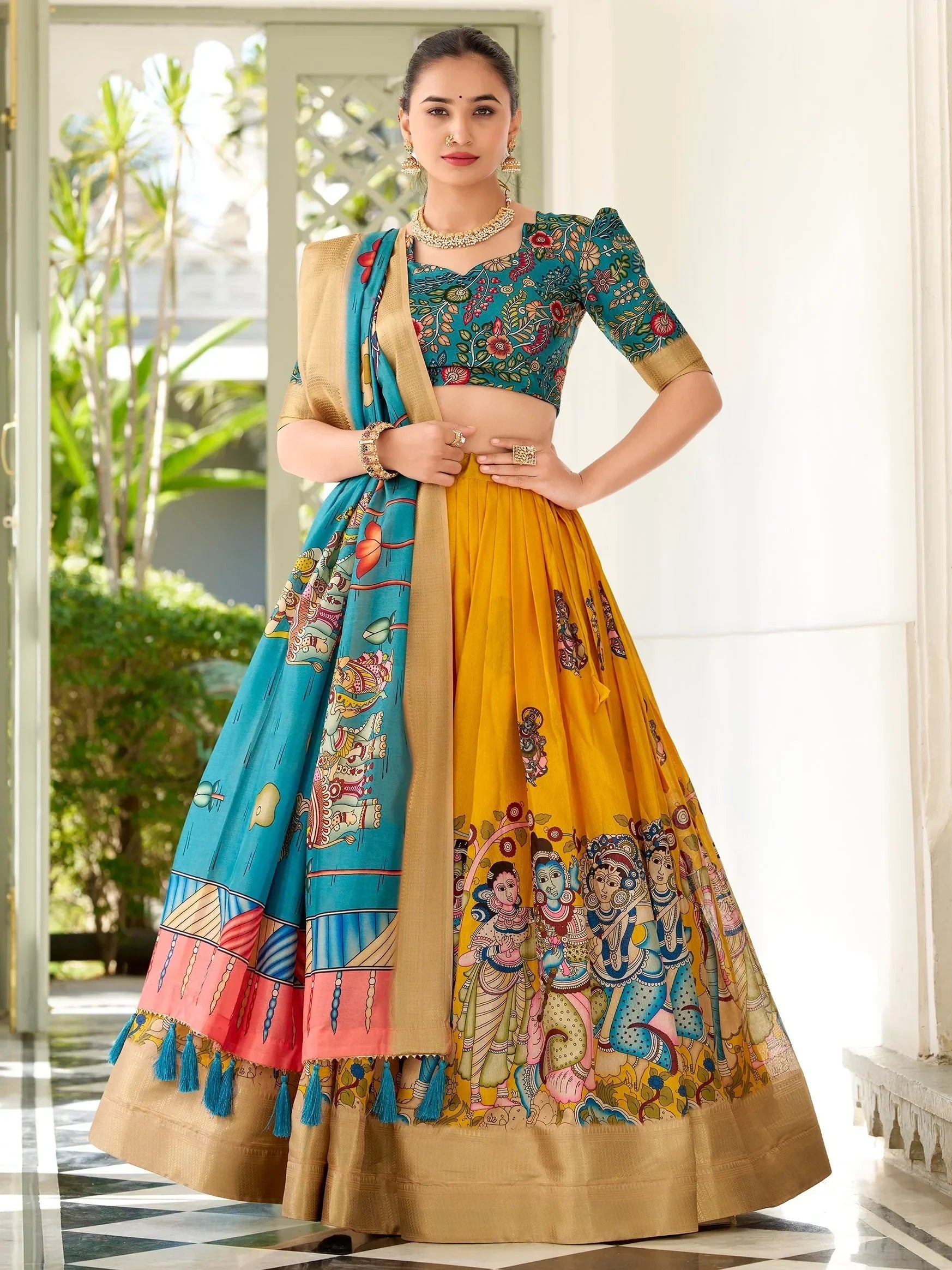 Beauteous Yellow Kalamkari Print Dola Silk Event Wear Lehenga Choli