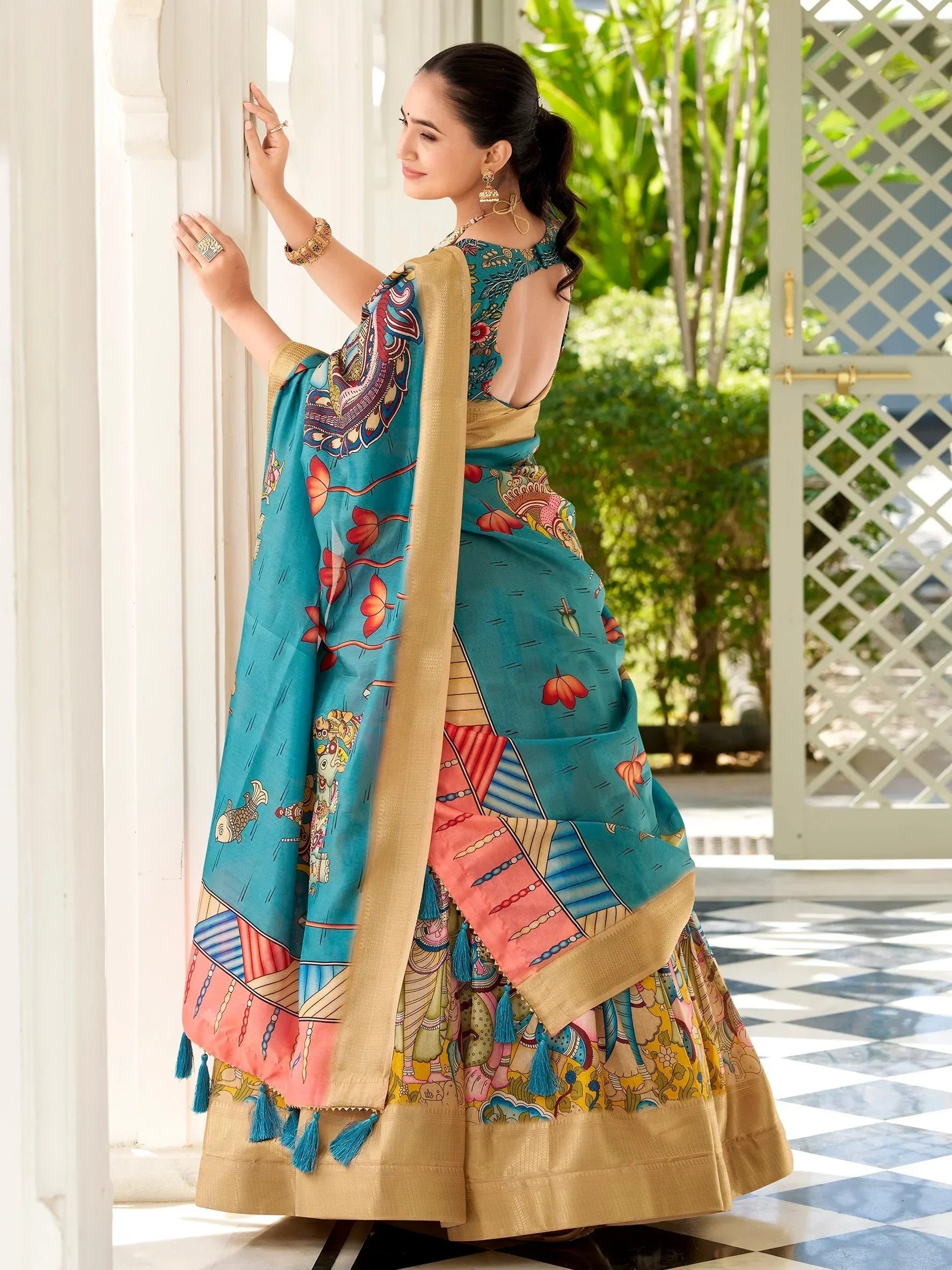 Beauteous Yellow Kalamkari Print Dola Silk Event Wear Lehenga Choli