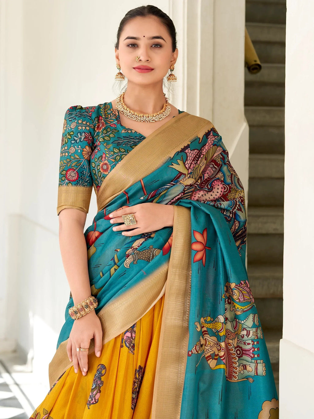 Beauteous Yellow Kalamkari Print Dola Silk Event Wear Lehenga Choli