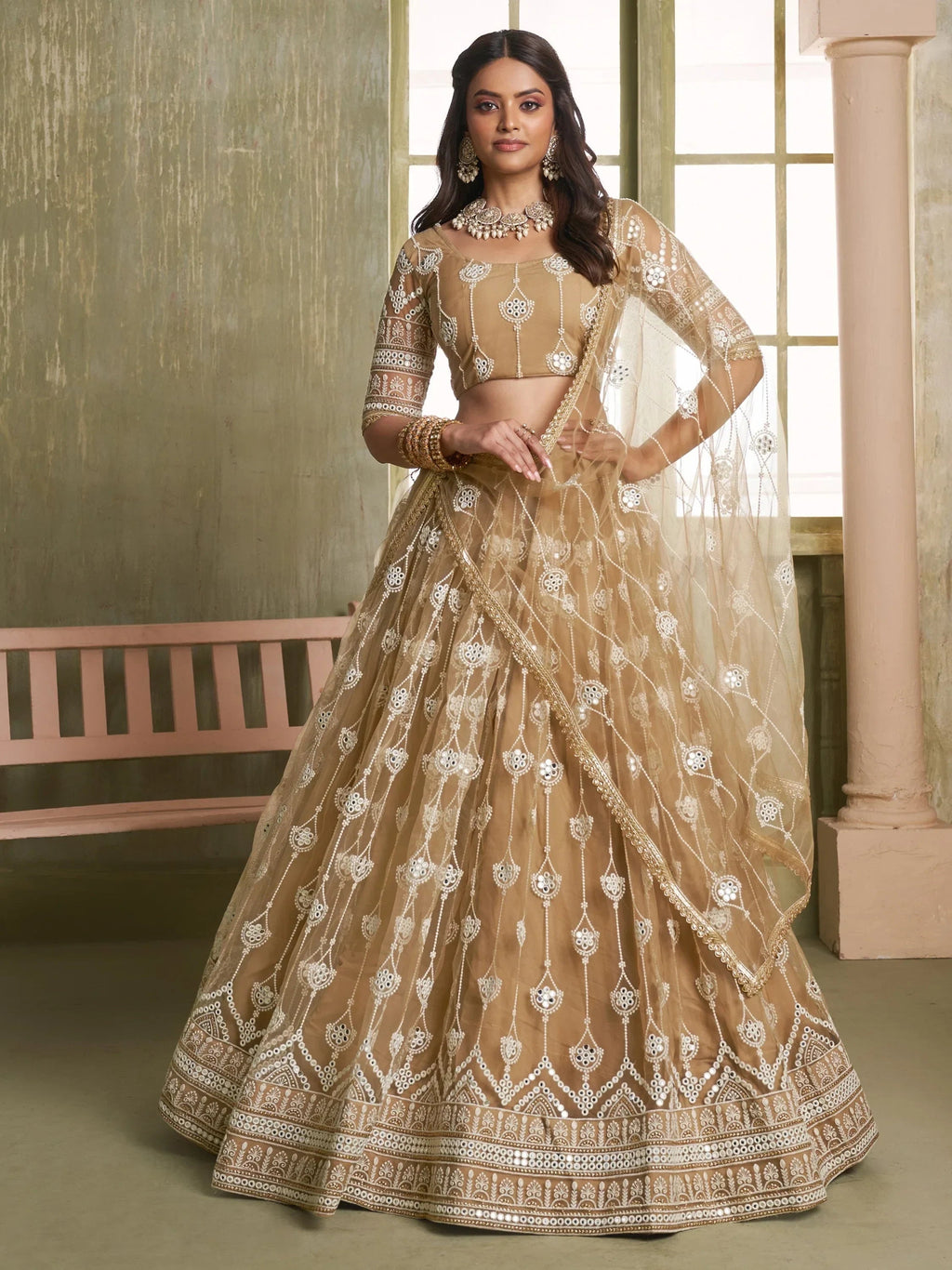 Beautiful Beige Thread Embroidered Net Lehenga Choli With Dupatta