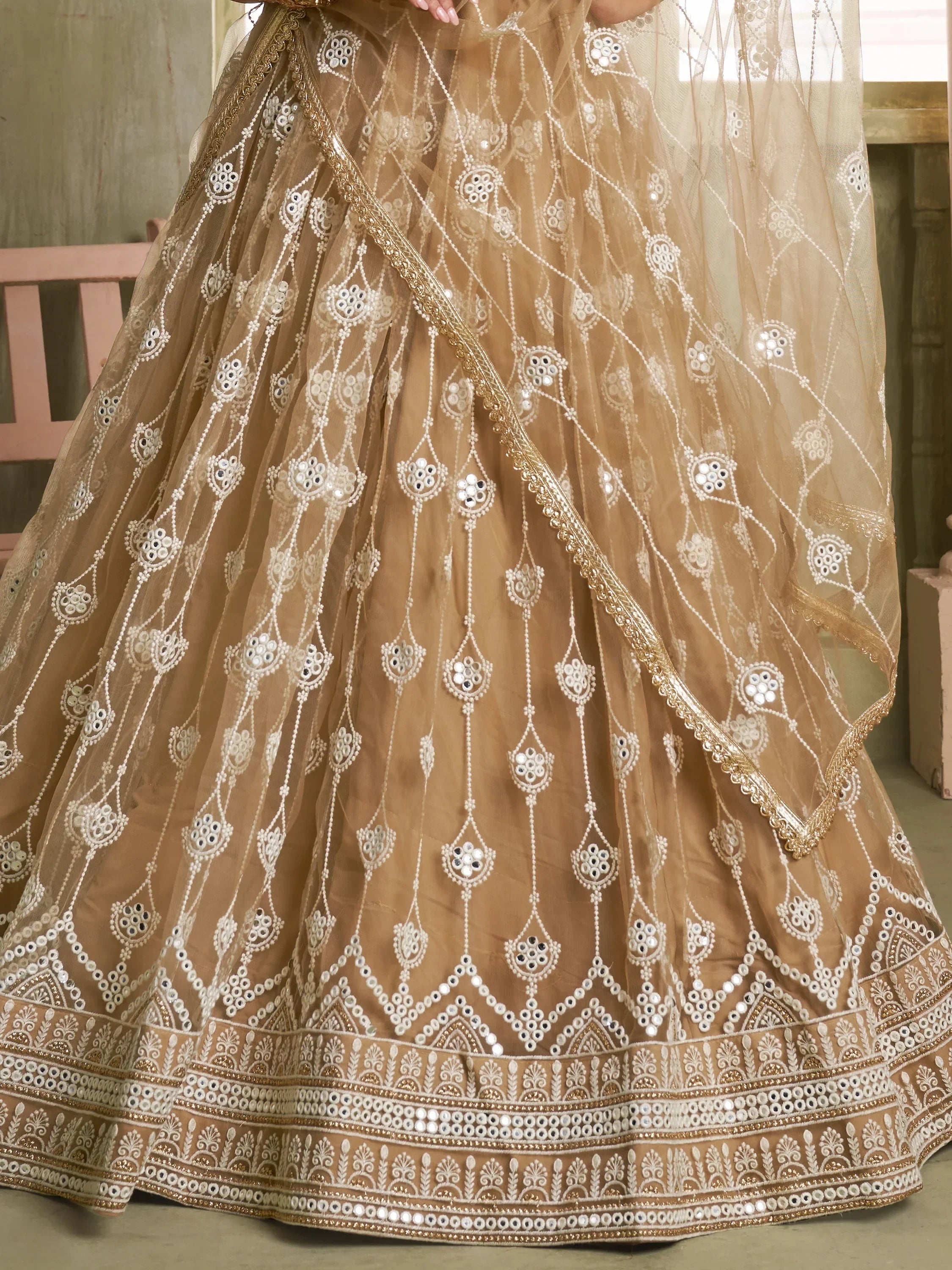 Beautiful Beige Thread Embroidered Net Lehenga Choli With Dupatta