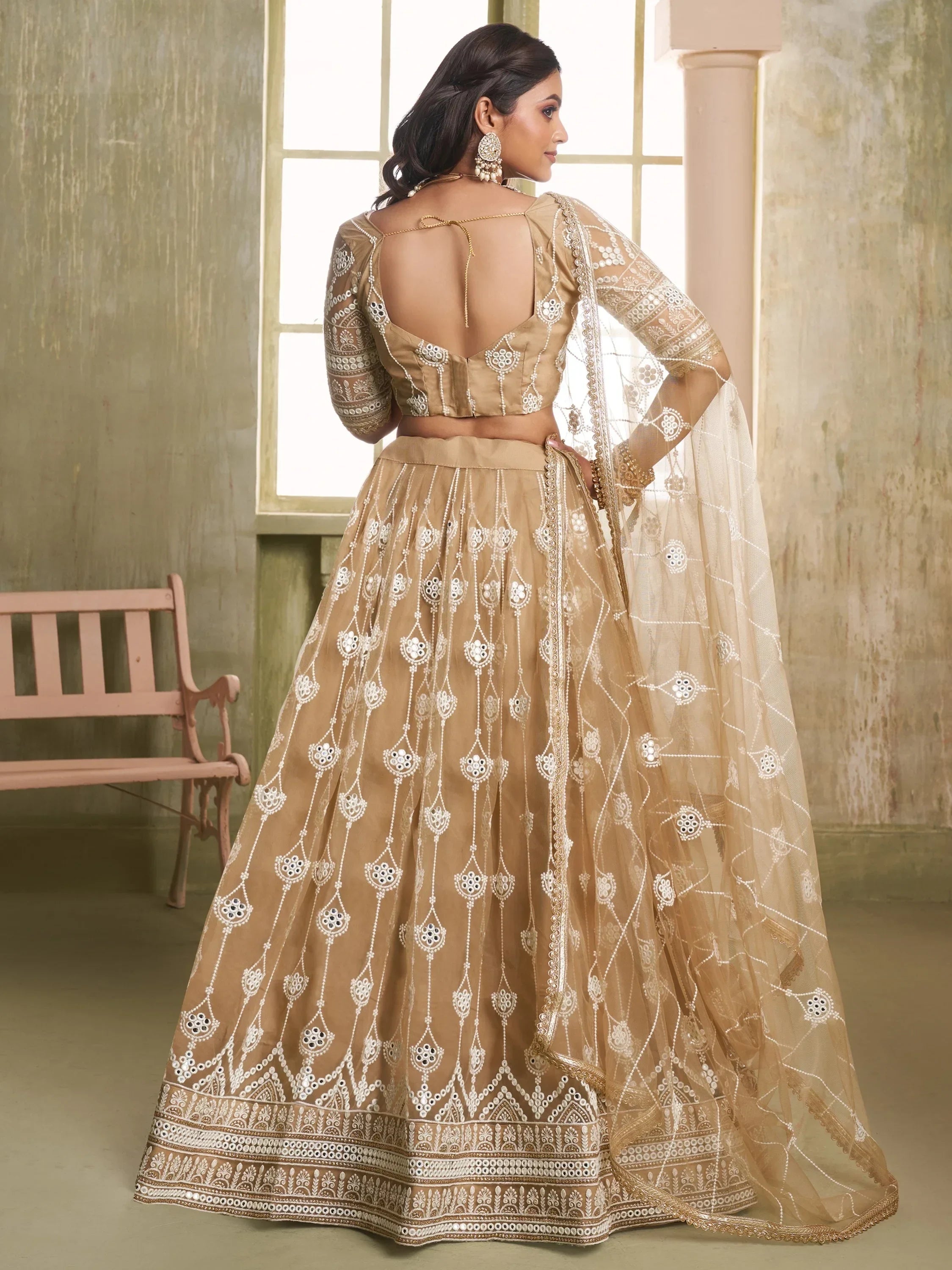 Beautiful Beige Thread Embroidered Net Lehenga Choli With Dupatta