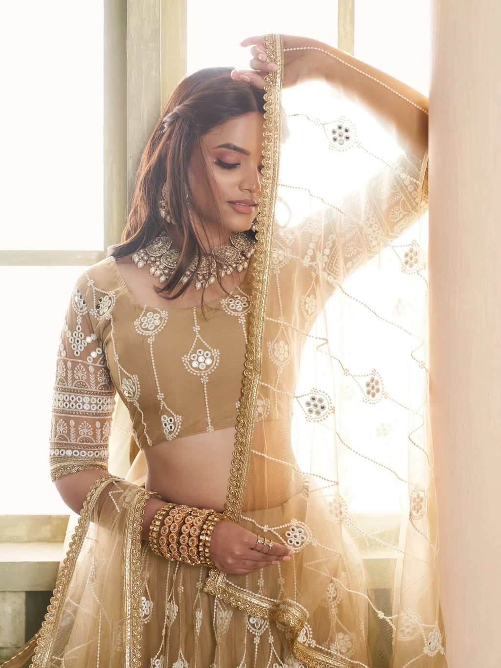 Beautiful Beige Thread Embroidered Net Lehenga Choli With Dupatta