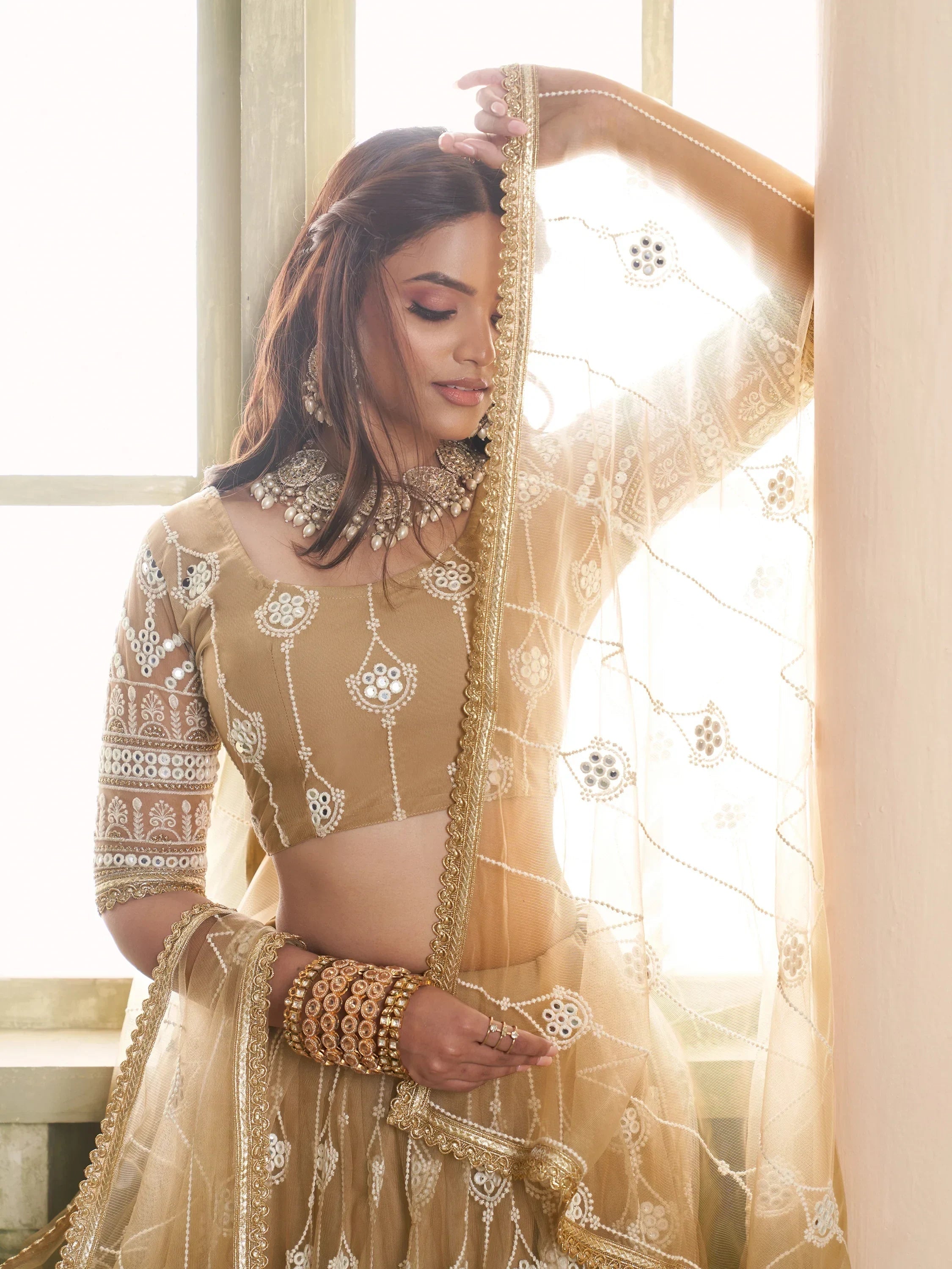 Beautiful Beige Thread Embroidered Net Lehenga Choli With Dupatta
