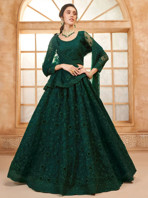 Beautiful Green Embroidered Net Mehendi Wear Lehenga Choli
