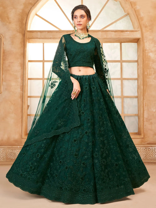 Beautiful Green Embroidered Net Mehendi Wear Lehenga Choli