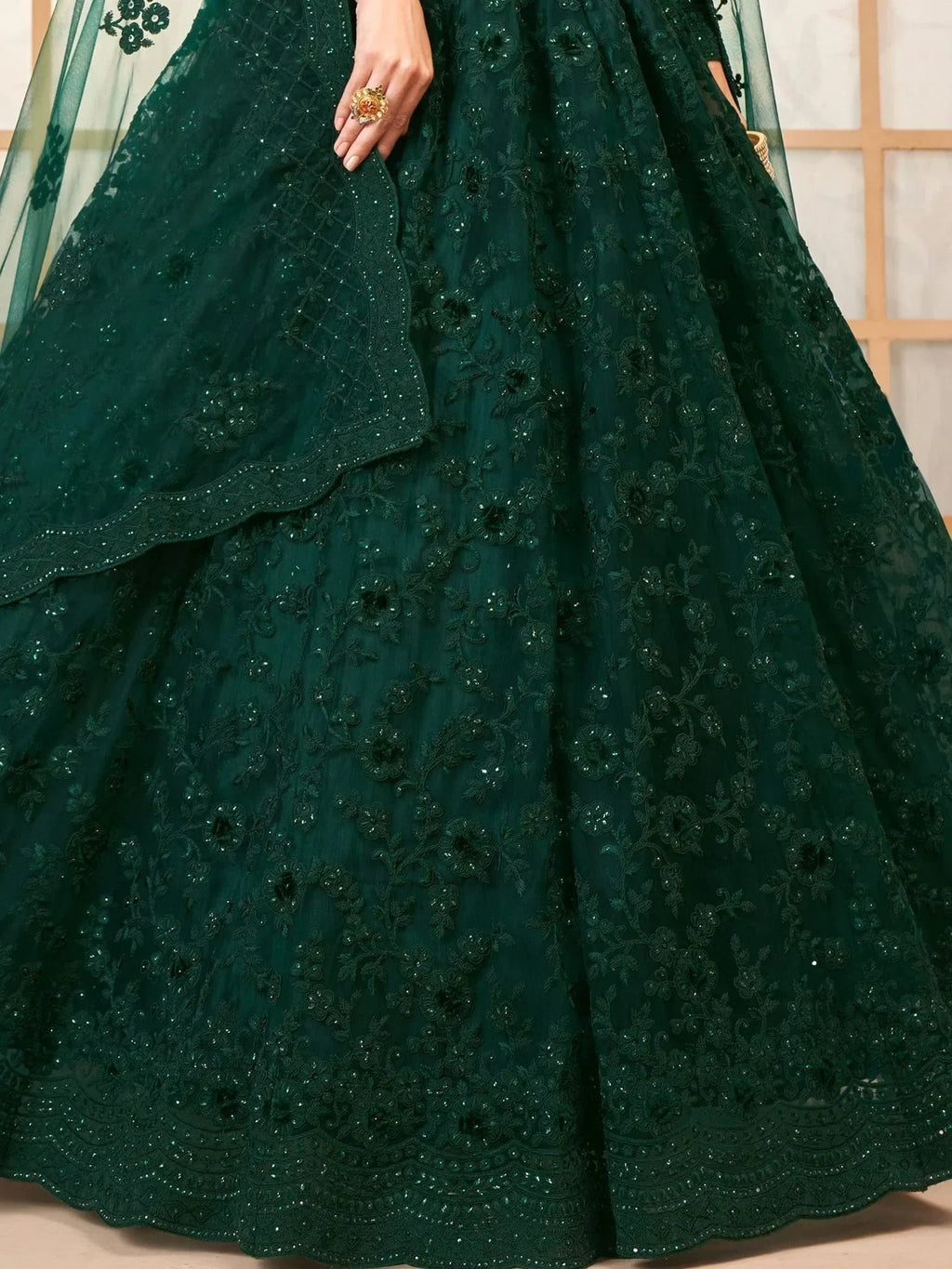 Beautiful Green Embroidered Net Mehendi Wear Lehenga Choli