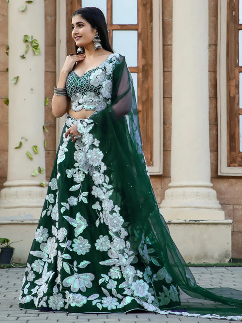 Beautiful Green Sequins Georgette Designer Lehenga Choli With Dupatta