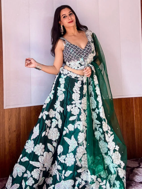 Beautiful Green Sequins Georgette Designer Lehenga Choli With Dupatta