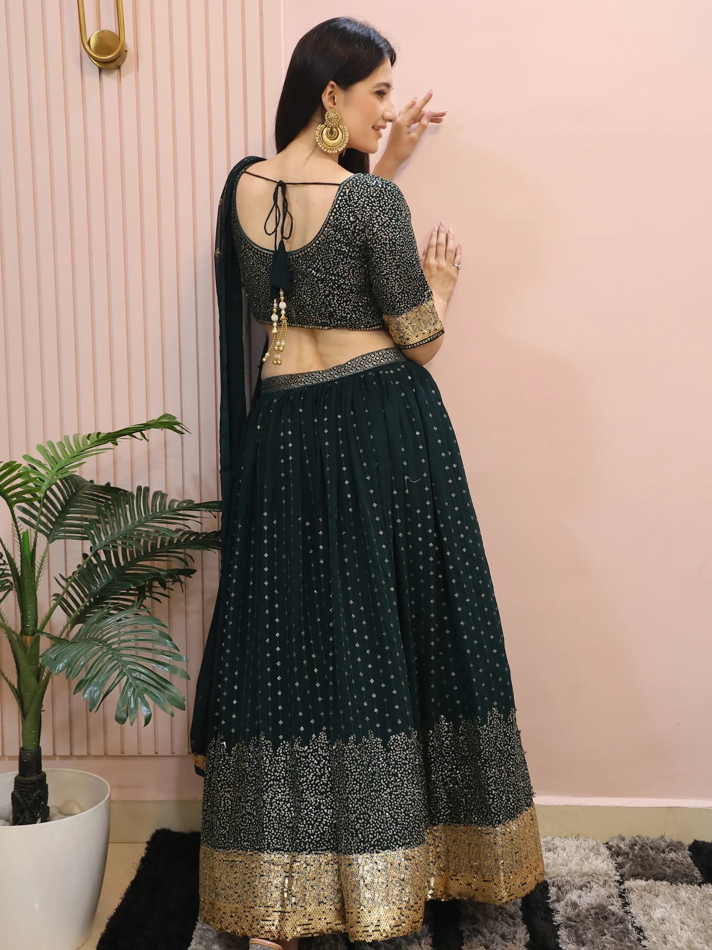 Beautiful Green Sequins Mehendi Wear Lehenga Choli