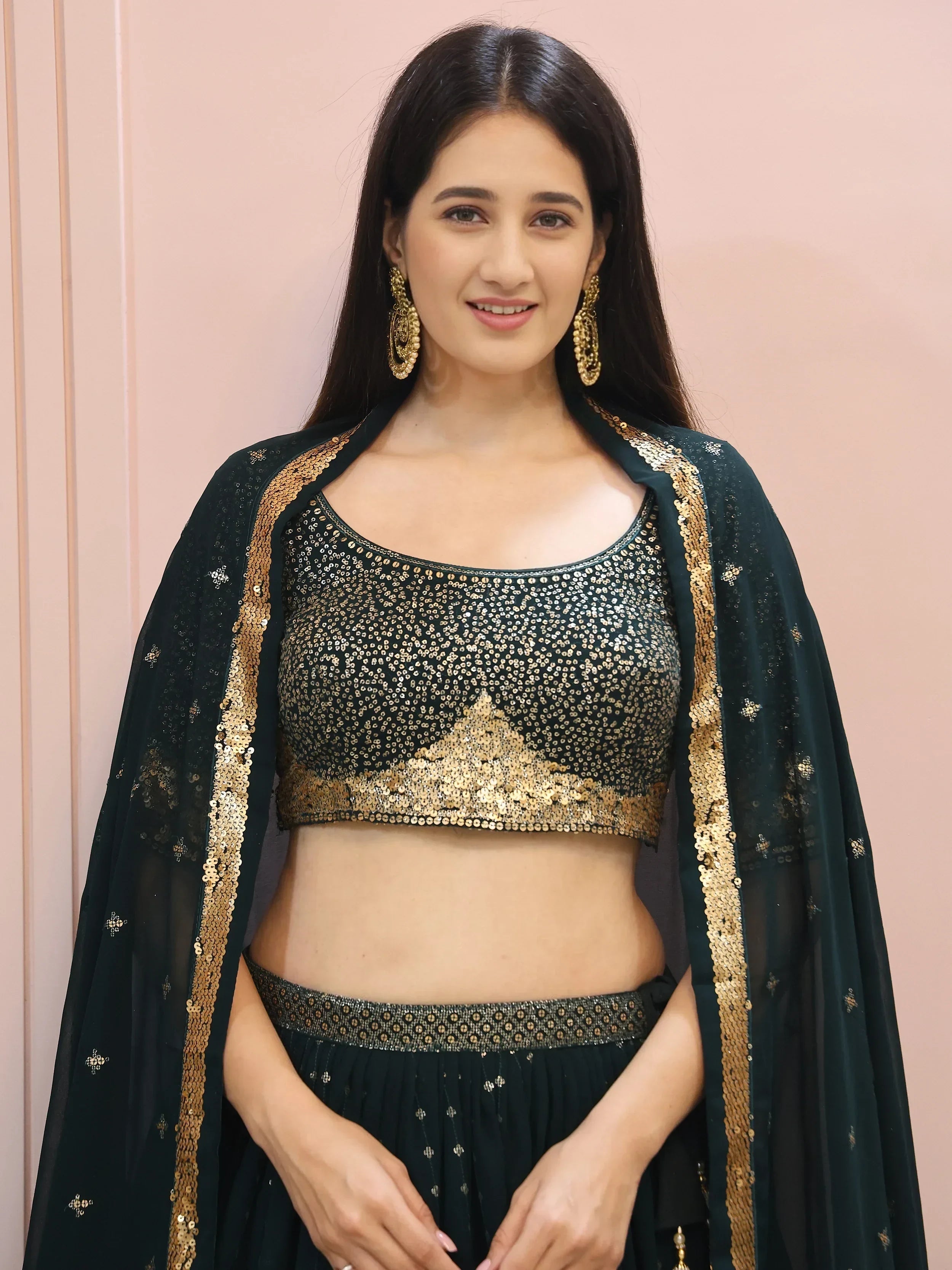 Beautiful Green Sequins Mehendi Wear Lehenga Choli