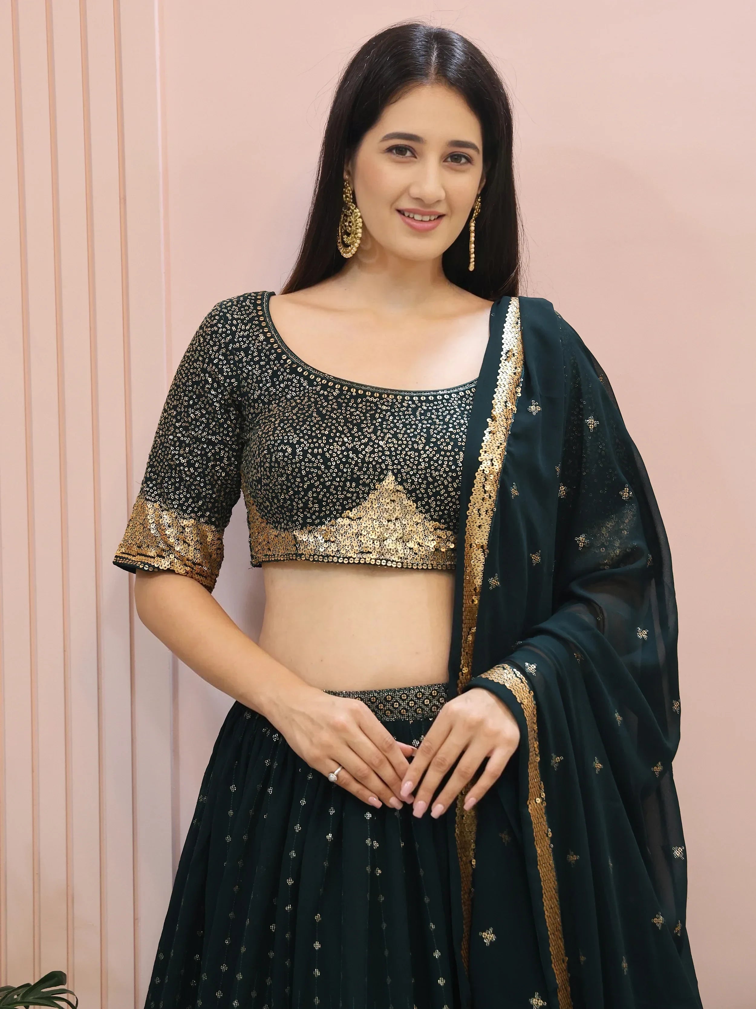 Beautiful Green Sequins Mehendi Wear Lehenga Choli