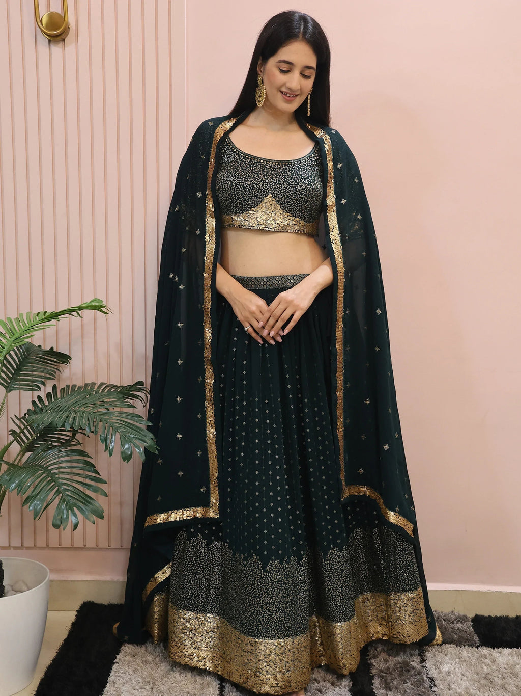Beautiful Green Sequins Mehendi Wear Lehenga Choli