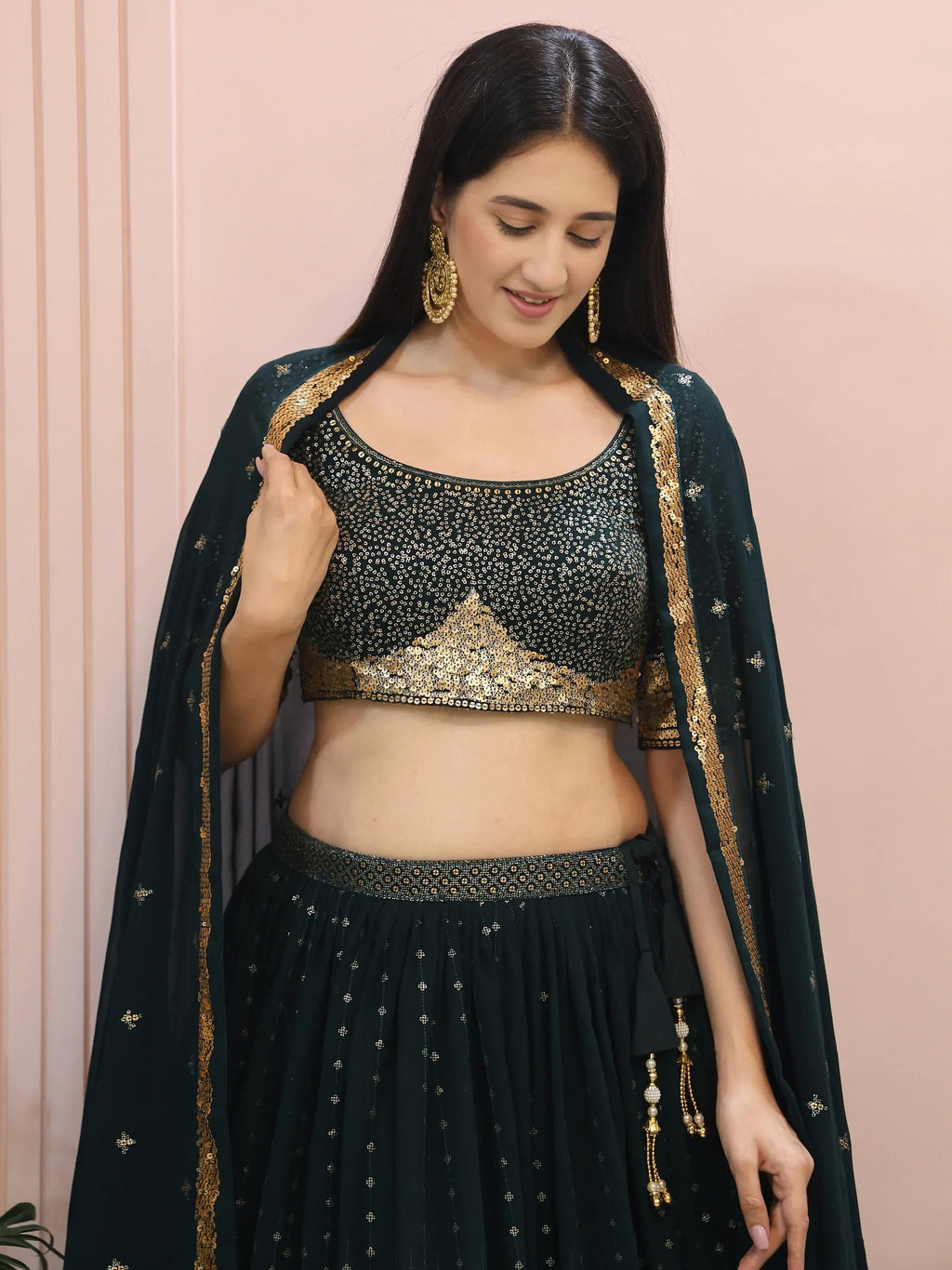 Beautiful Green Sequins Mehendi Wear Lehenga Choli