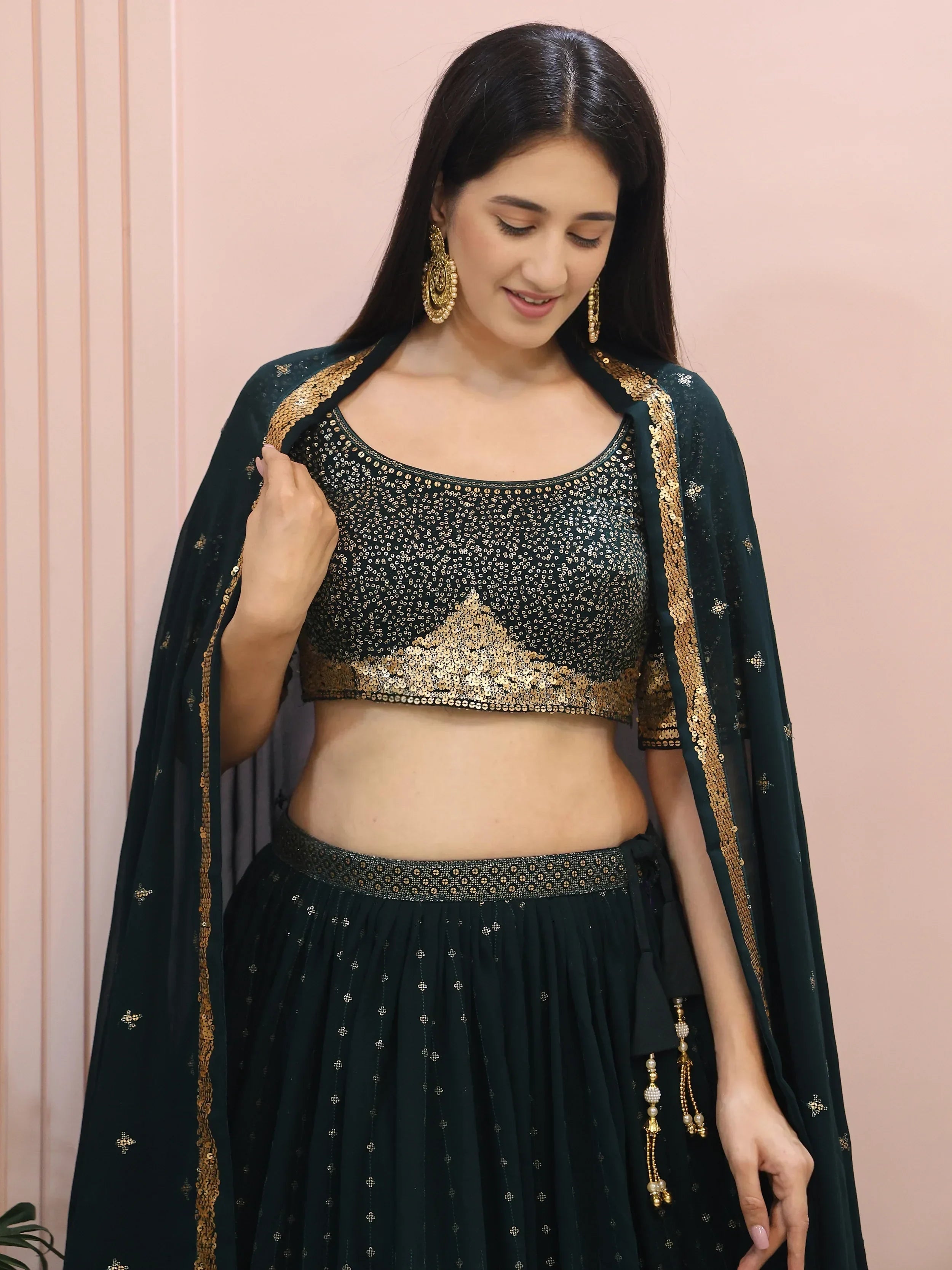 Beautiful Green Sequins Mehendi Wear Lehenga Choli