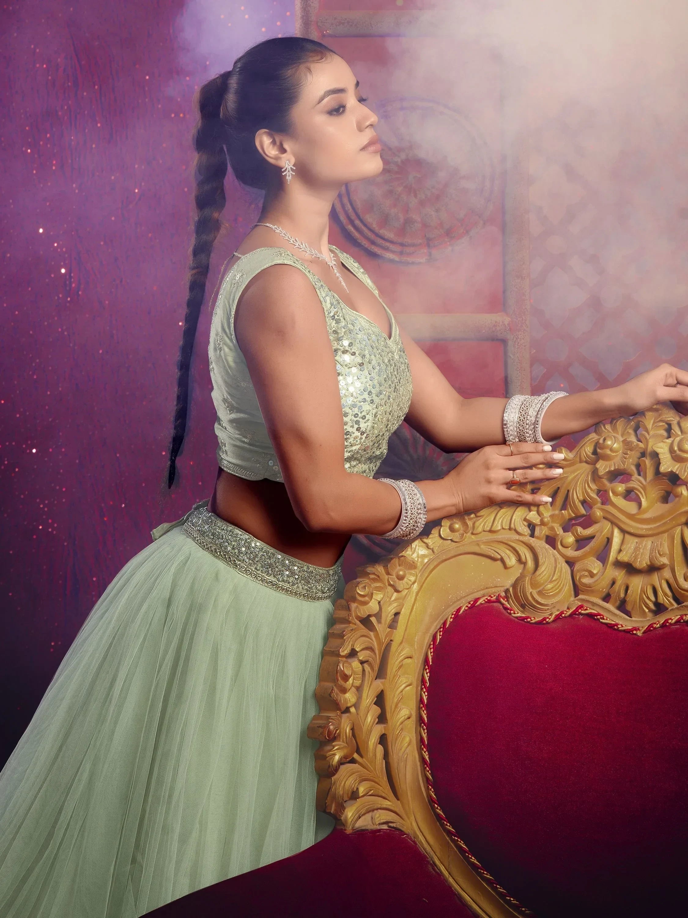 Beautiful Light Pista Sequins Net Engagement Wear Lehenga Choli