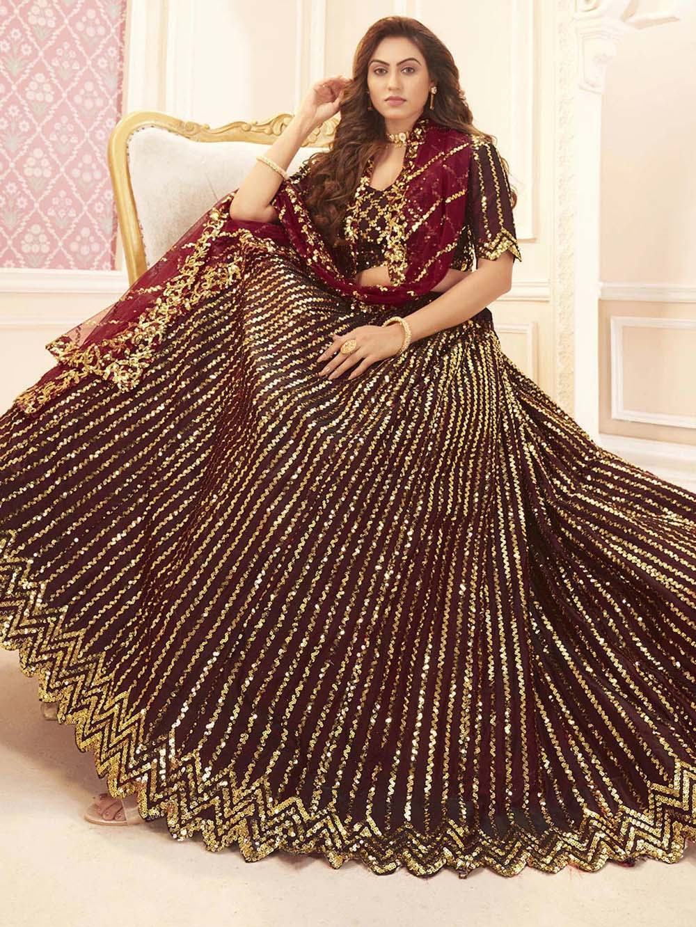 Maroon Beautiful Sequins Silk Wedding Lehenga Choli With Dupatta