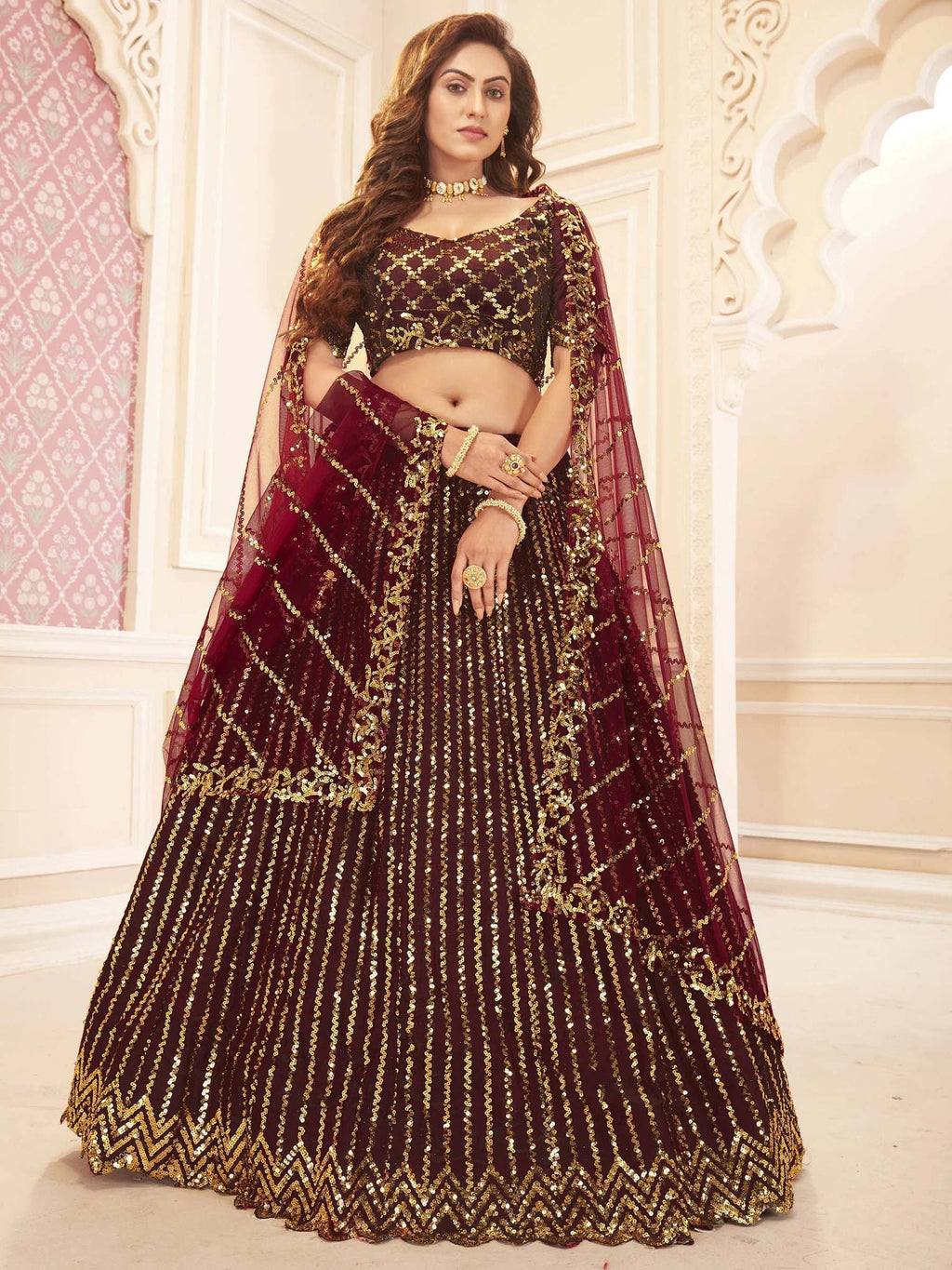 Maroon Beautiful Sequins Silk Wedding Lehenga Choli With Dupatta