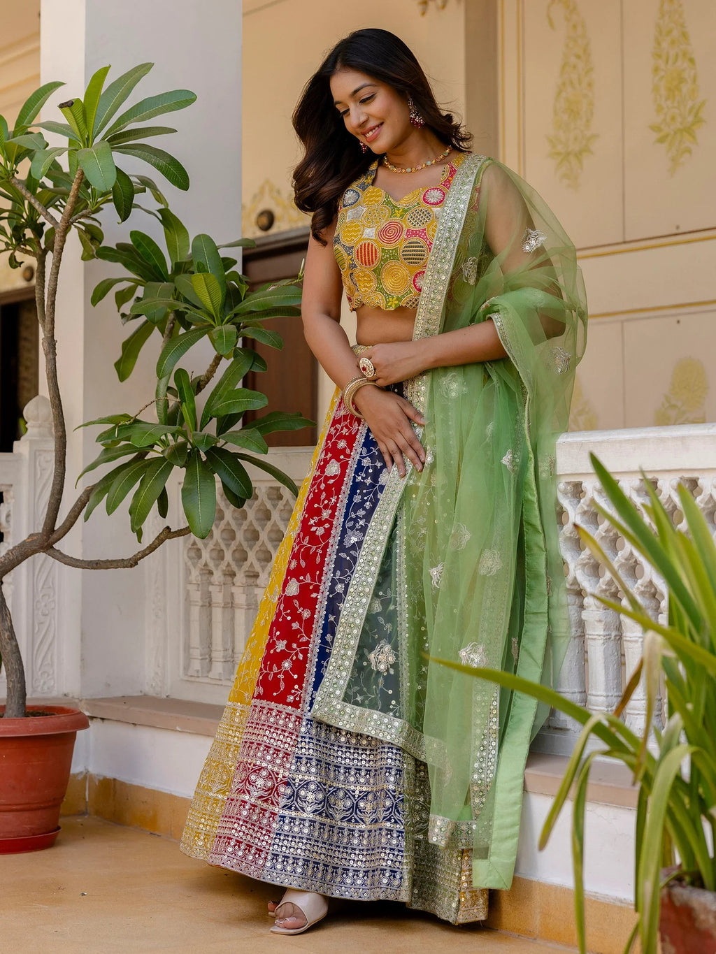 Beautiful Multi Color Georgette Sequins Sangeet Wear Lehenga Choli