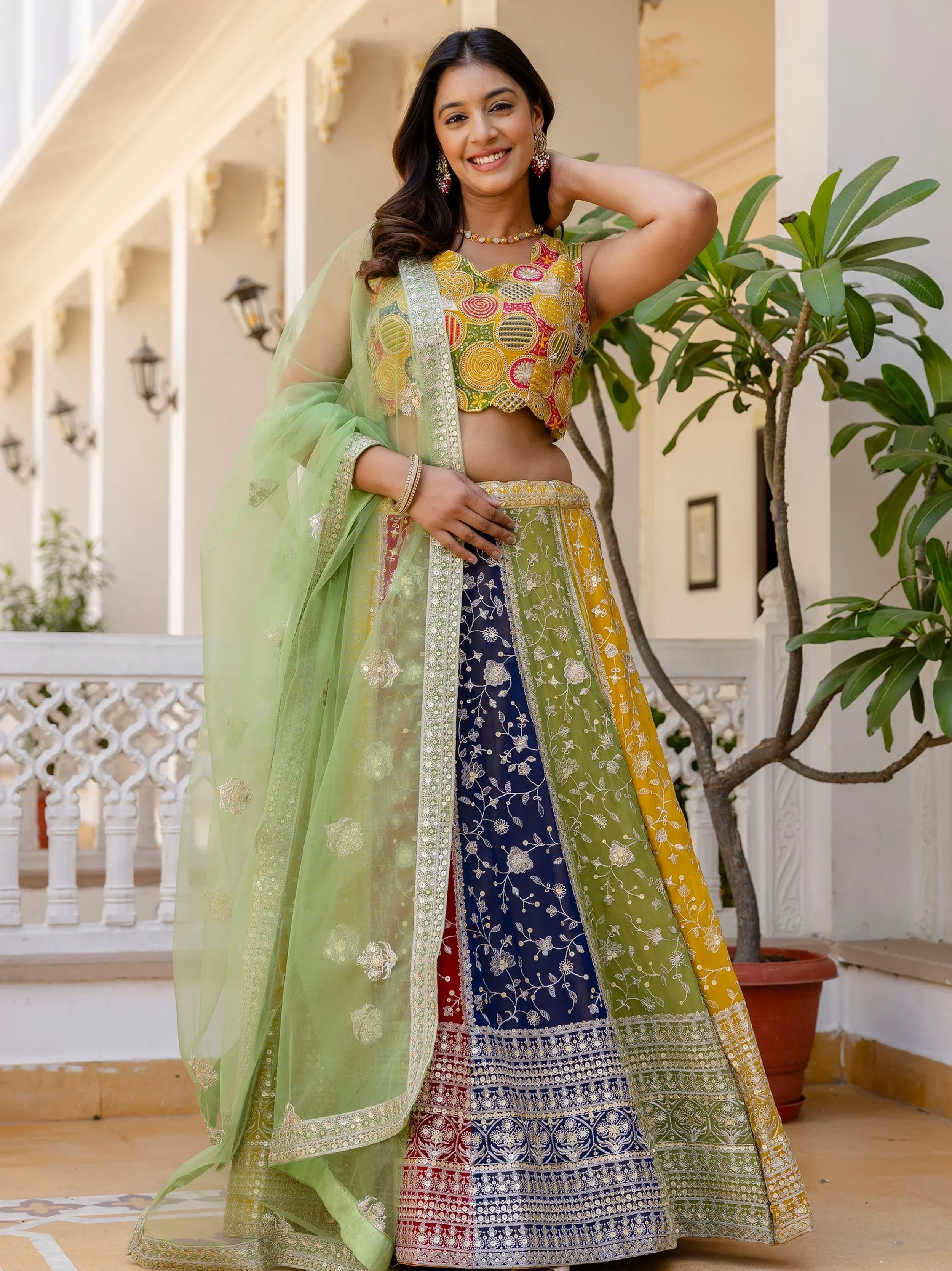 Beautiful Multi Color Georgette Sequins Sangeet Wear Lehenga Choli