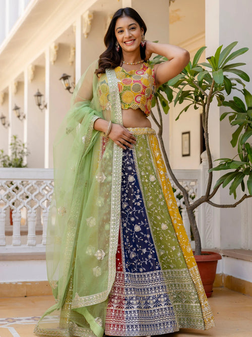 Beautiful Multi Color Georgette Sequins Sangeet Wear Lehenga Choli