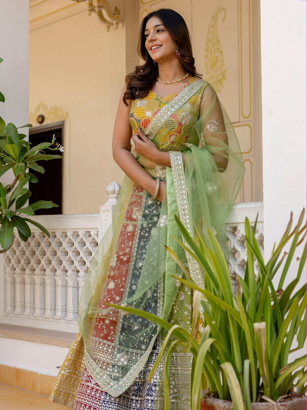 Beautiful Multi Color Georgette Sequins Sangeet Wear Lehenga Choli