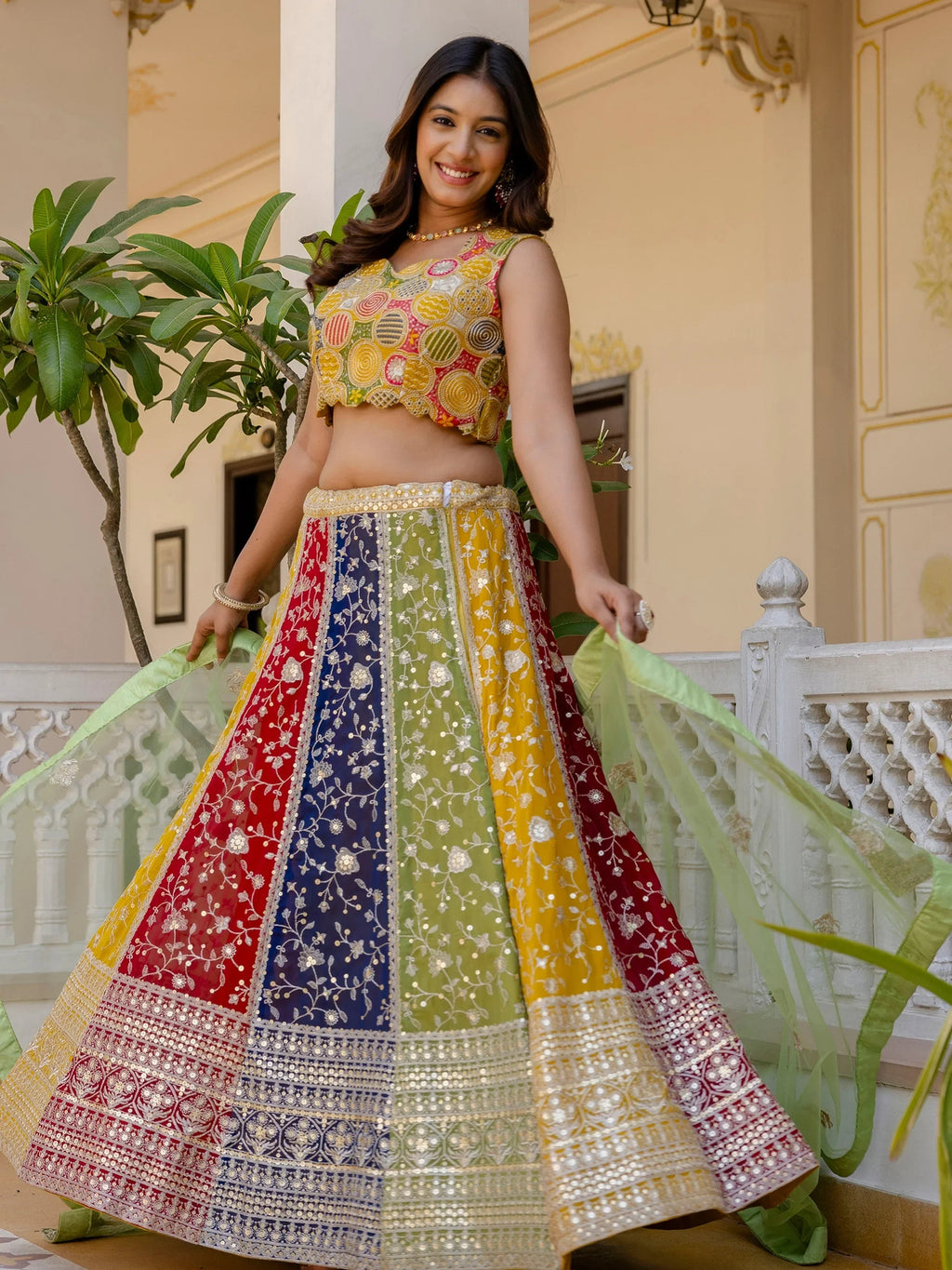Beautiful Multi Color Georgette Sequins Sangeet Wear Lehenga Choli