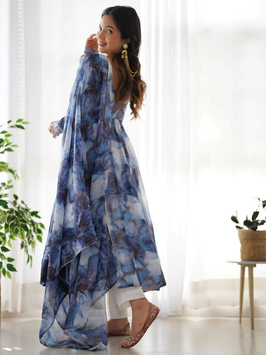 Navy Beautiful Organza Digital Printed Anarkali Suit