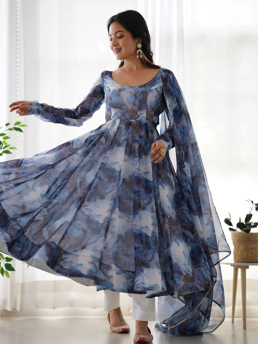 Navy Beautiful Organza Digital Printed Anarkali Suit